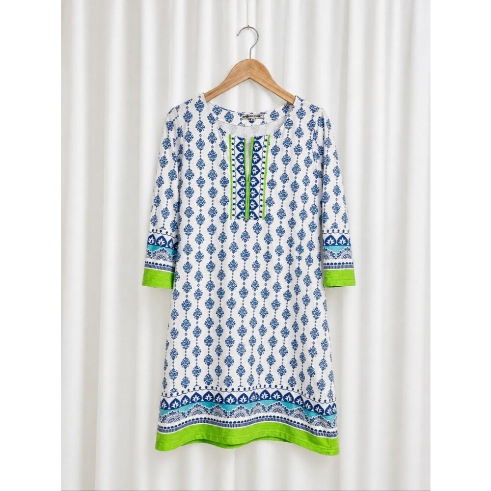 Barbara Gerwit Blue Lime Green Floral Medallion Block Print Coastal Shift Dress